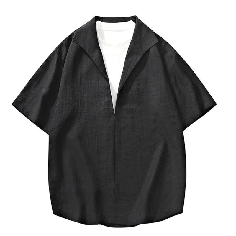 リネン深V開襟トップス（ブラック）単品の正面画像、インナー白T合わせ