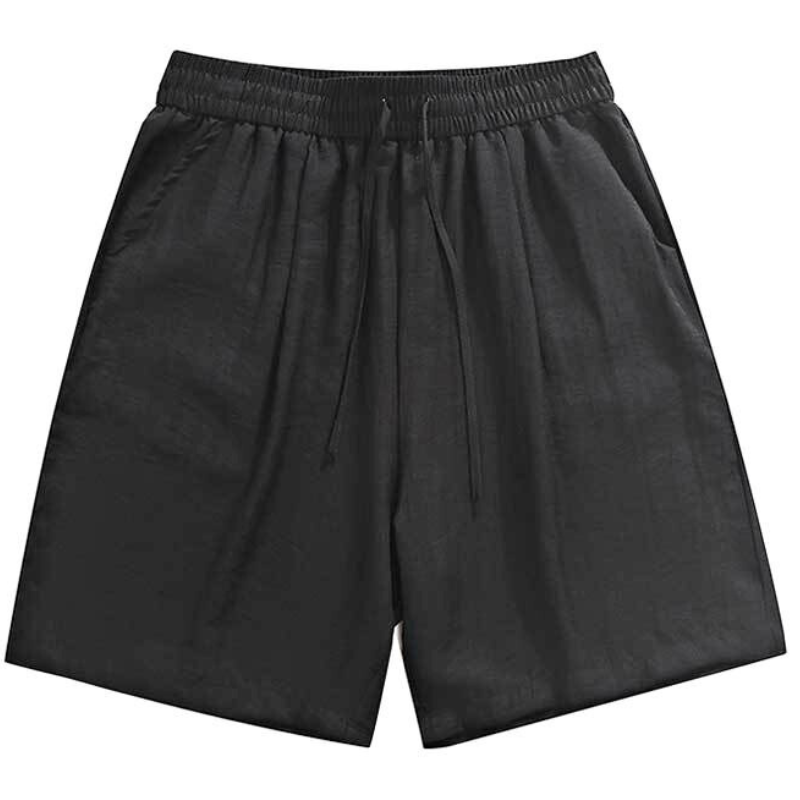 リネンショートパンツ（ブラック）単品の正面画像、ウエスト仕様が分かる