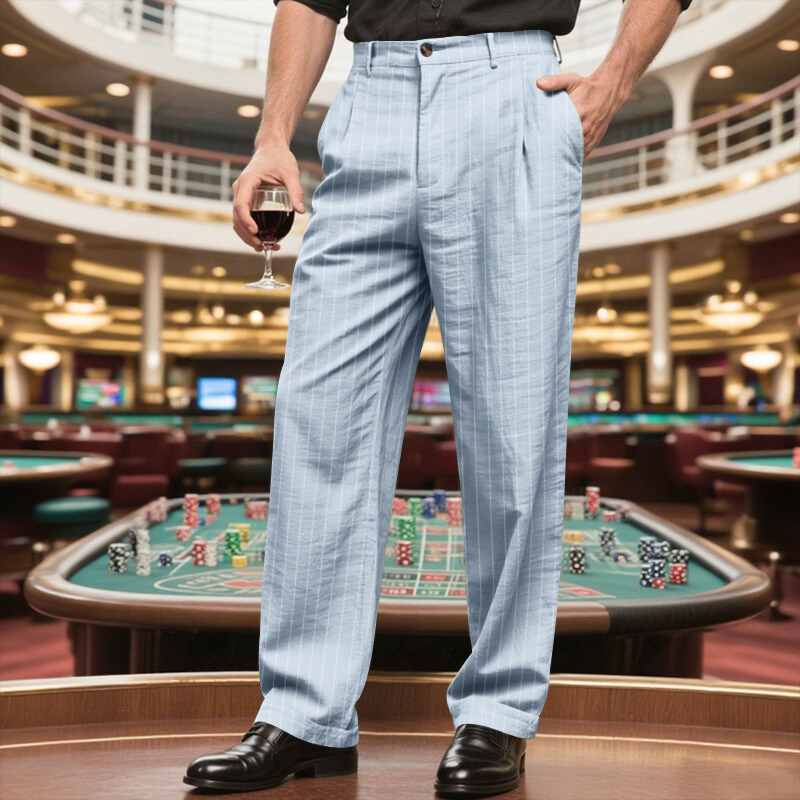 サックスブルーのリネン混パンツ｜涼しげで洗練されたスタイルに