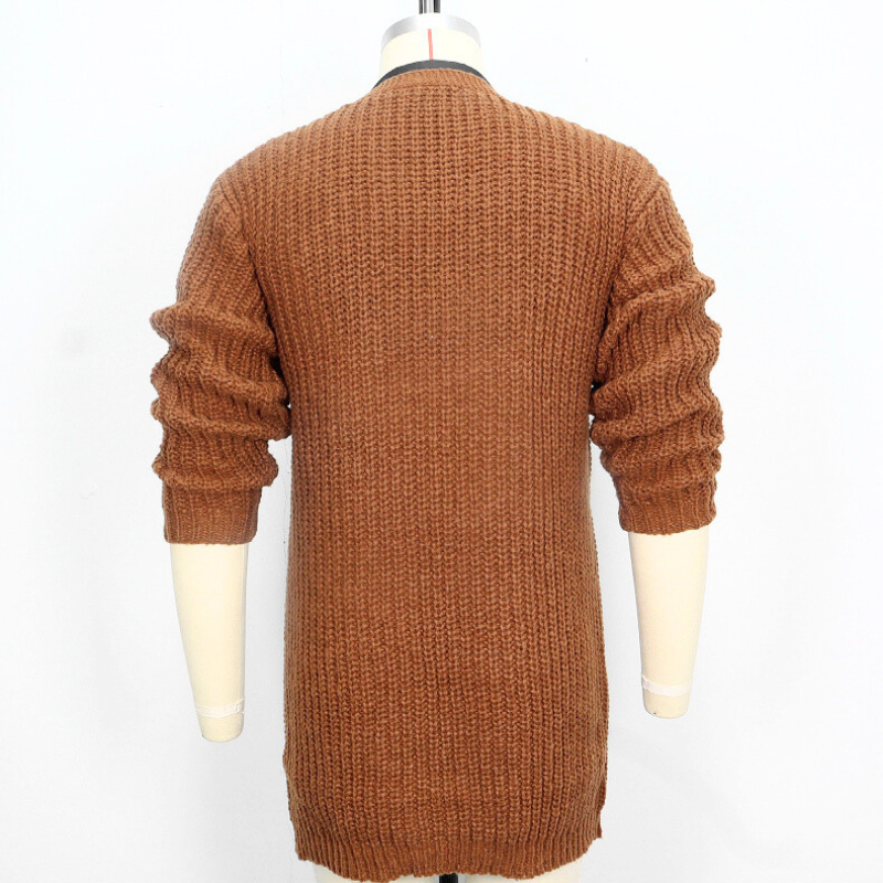 ローゲージロングニットカーディガン キャメル 後ろ姿