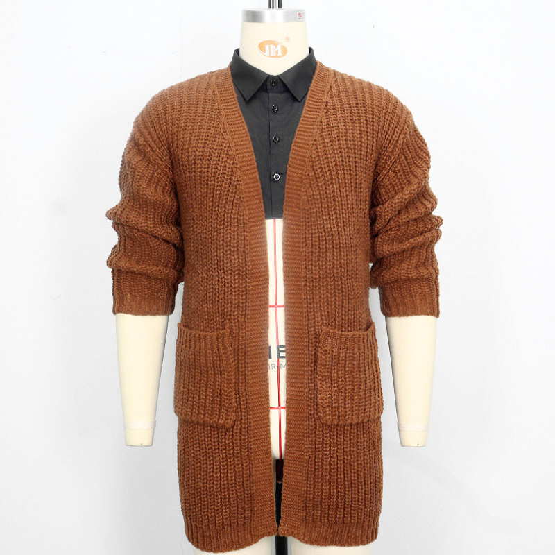 ローゲージロングニットカーディガン キャメル マネキン着用