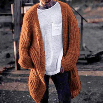 ローゲージロングニットカーディガン メンズ 着用イメージ キャメル