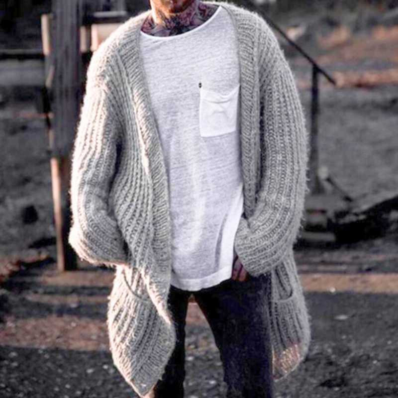 ローゲージロングニットカーディガン メンズ 着用イメージ グレー