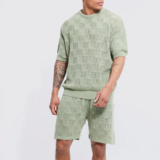 夏にぴったりな透かし編みデザインの半袖トップス×ショーツセット（グリーン）