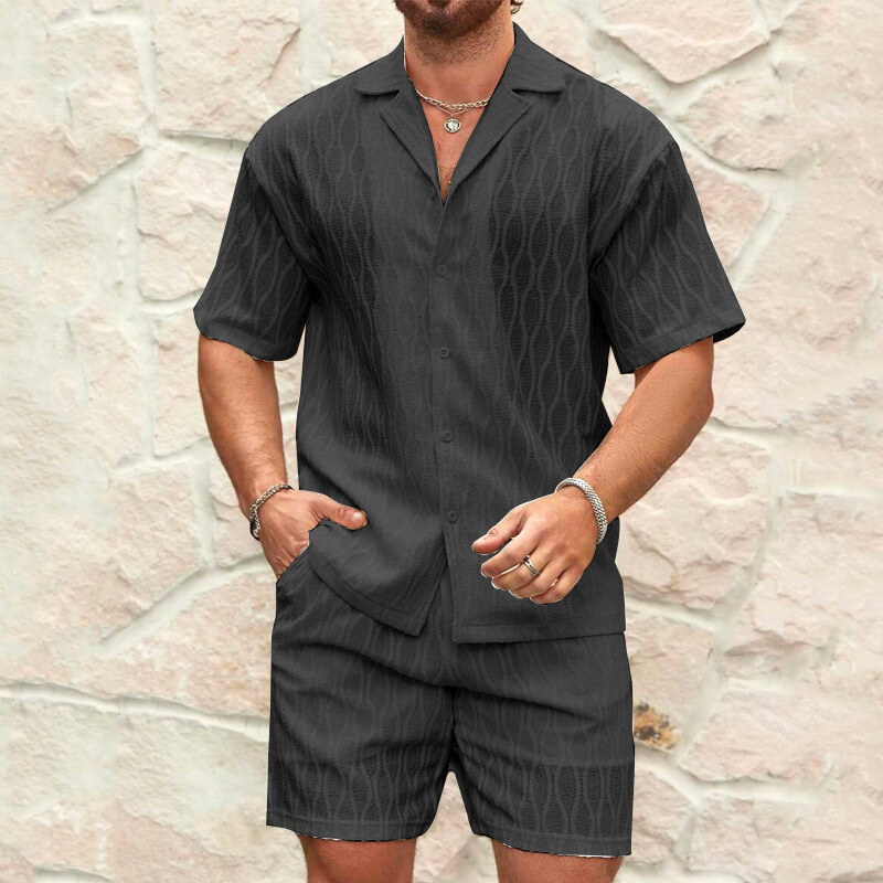 ナチュラル編み目セットアップ 半袖シャツ×ショートパンツ ブラック メンズ