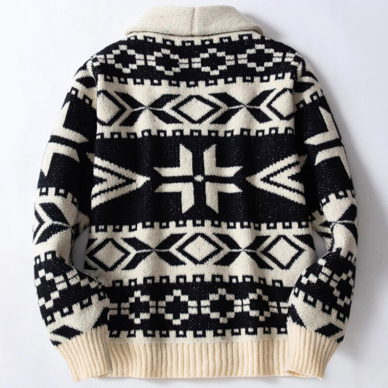 ノルディック柄ショールカラーニットカーディガン 背面シルエット（ホワイト×ブラック）