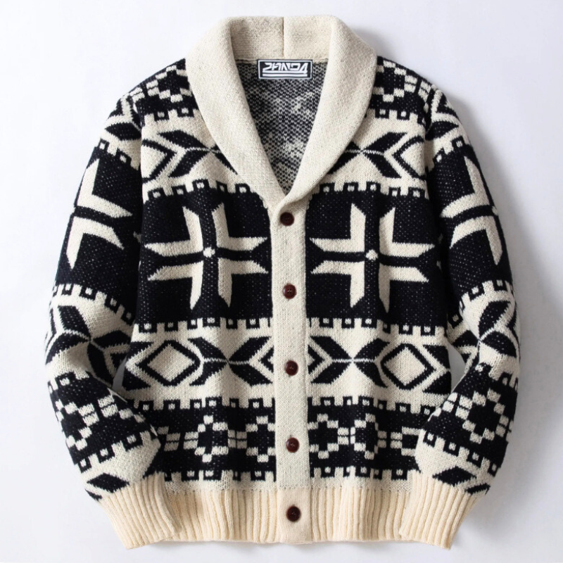 ノルディック柄ショールカラーニットカーディガン 正面デザイン（ホワイト×ブラック）