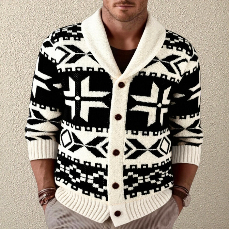 ノルディック柄ショールカラーニットカーディガン 着用イメージ（ホワイト×ブラック）