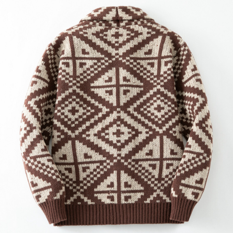 ノルディック柄ショールカラーニットカーディガン 背面シルエット（ブラウン）