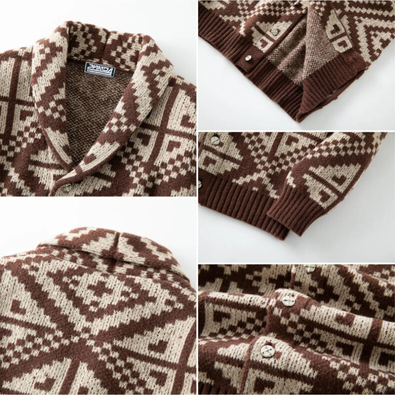 ショールカラーとノルディック柄編み地のディテール