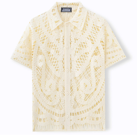 アイボリーの透かし編み半袖シャツ商品画像正面