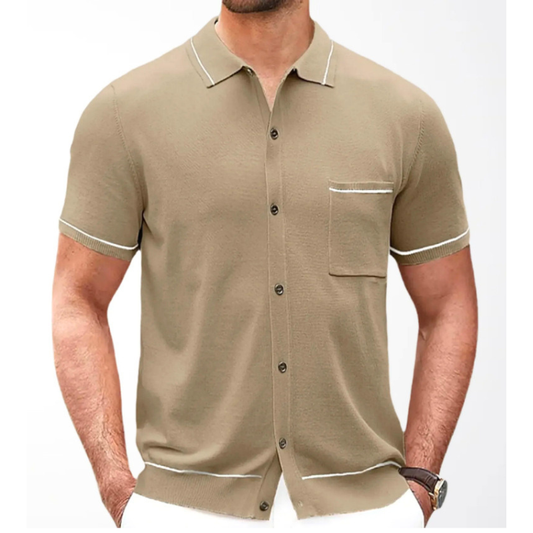 ベージュの配色ライン半袖ニットポロカーディガン着用イメージ