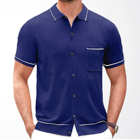 ネイビーの配色ライン半袖ニットポロカーディガン着用イメージ