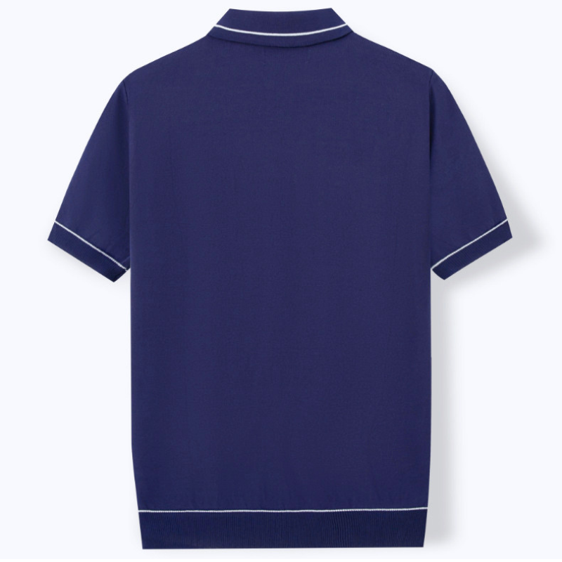 ネイビーの半袖ニットポロカーディガン商品画像背面