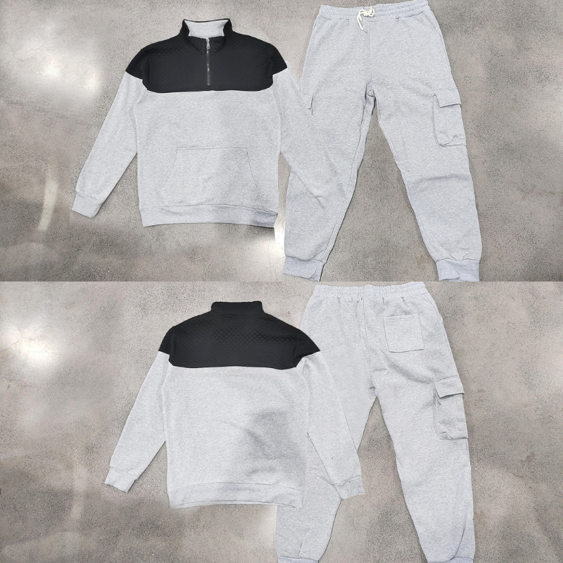 グレーセットアップ上下平置き画像｜ハーフジップトップスとカーゴパンツのセット