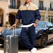 ネイビーの配色キルティングスウェットセットアップを着た30代メンズ｜春秋冬の上品カジュアルスタイル