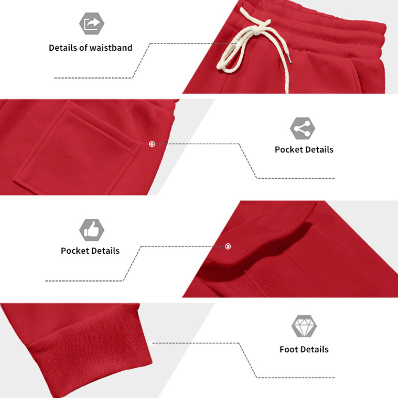 レッドセットアップのポケットや裾リブのディテール｜カーゴポケットの立体感が特徴