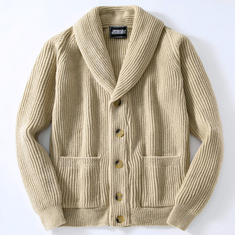 ショールカラーデザインのローゲージリブニットカーディガン正面