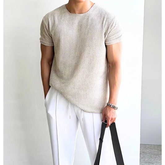 30代・40代にもおすすめ リブ風サマーニットプルオーバー（ライトベージュ）