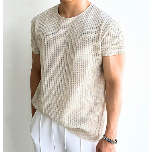 リブ風サマーニットプルオーバー（ライトベージュ）前面アップ