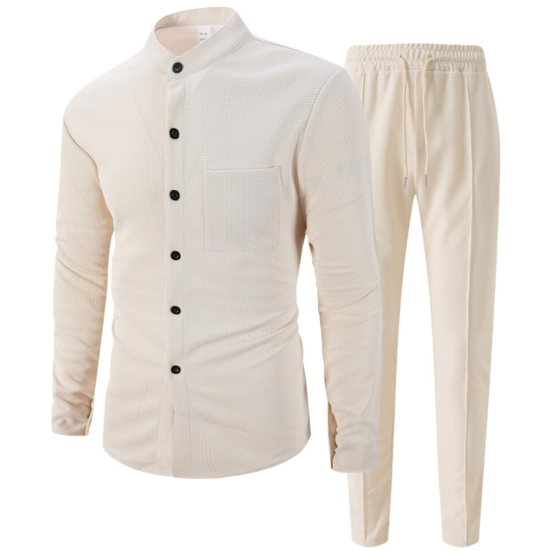 ワッフルバンドカラーシャツセットアップ｜ベージュのトップスとパンツ（セット内容）