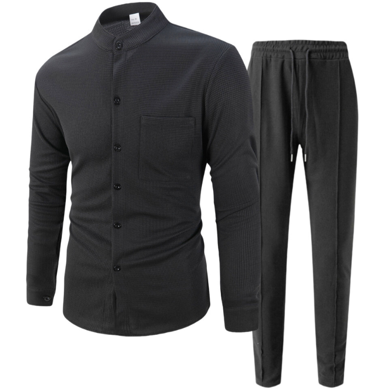 ワッフルバンドカラーシャツセットアップ｜ブラックのトップスとパンツ（セット内容）