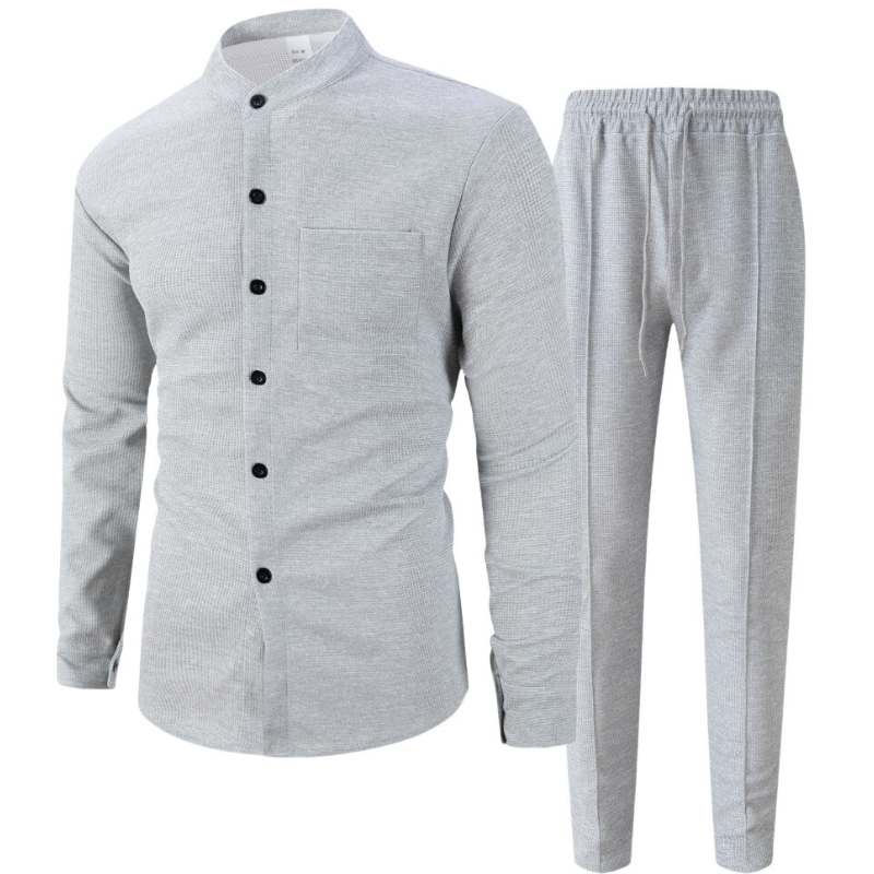 ワッフルバンドカラーシャツセットアップ｜ライトグレーのトップスとパンツ（セット内容）