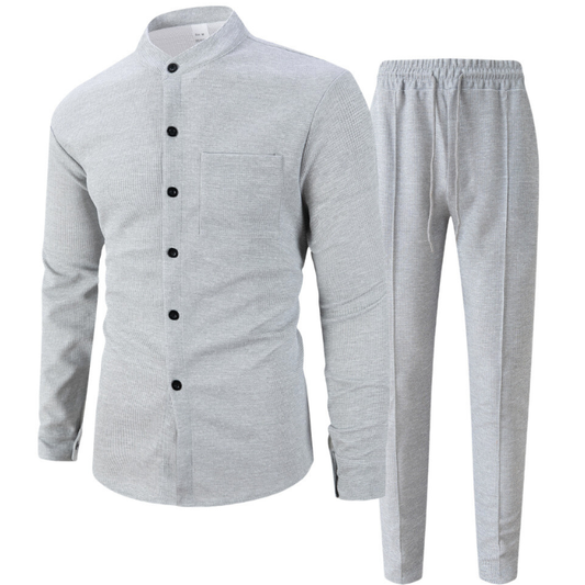 ワッフルバンドカラーシャツセットアップ｜ライトグレーのトップスとパンツ（セット内容）