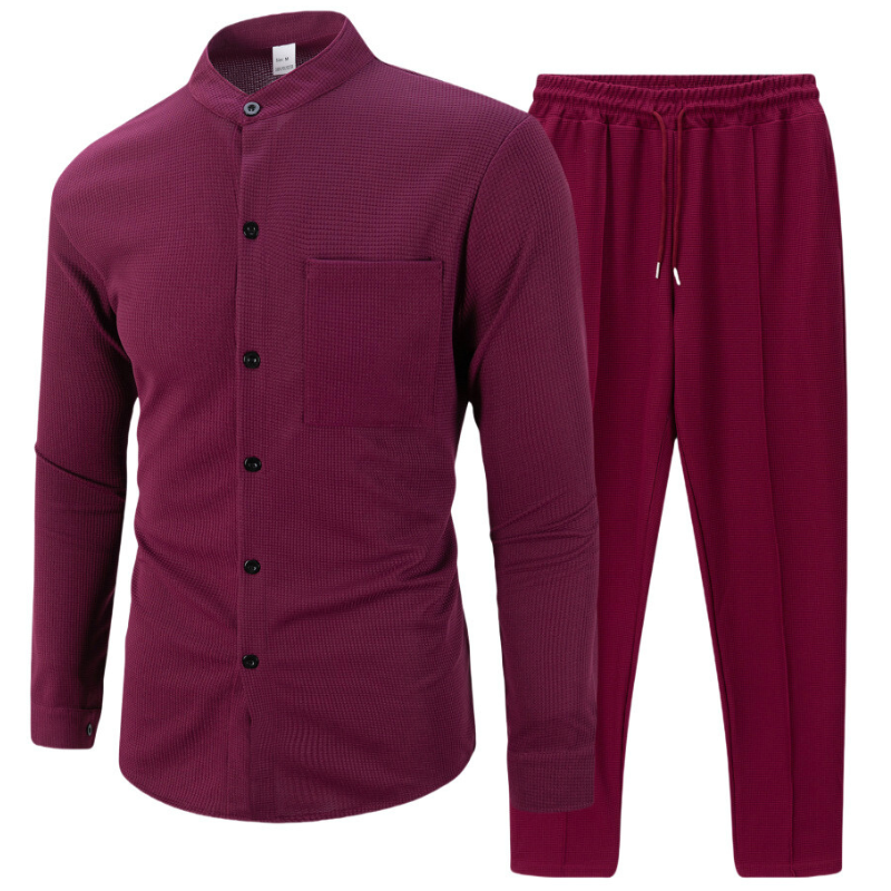 ワッフルバンドカラーシャツセットアップ｜ワインカラーのフロント（セット内容）
