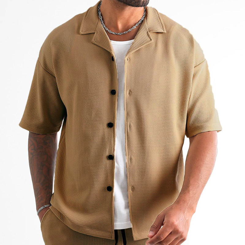 開襟シャツセットアップ メンズ｜ベージュの上半身着用イメージ