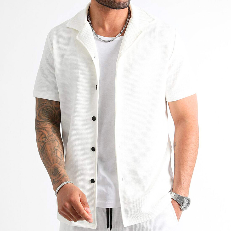 開襟シャツセットアップ メンズ｜ホワイトの上半身着用イメージ