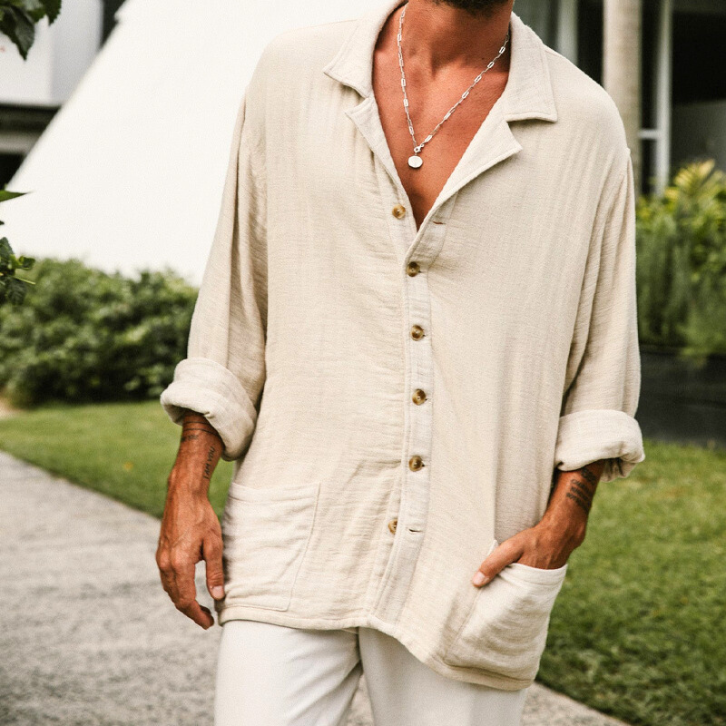 綿麻オープンカラーシャツ（ベージュ）｜ポケット付きリラックスシルエットの正面