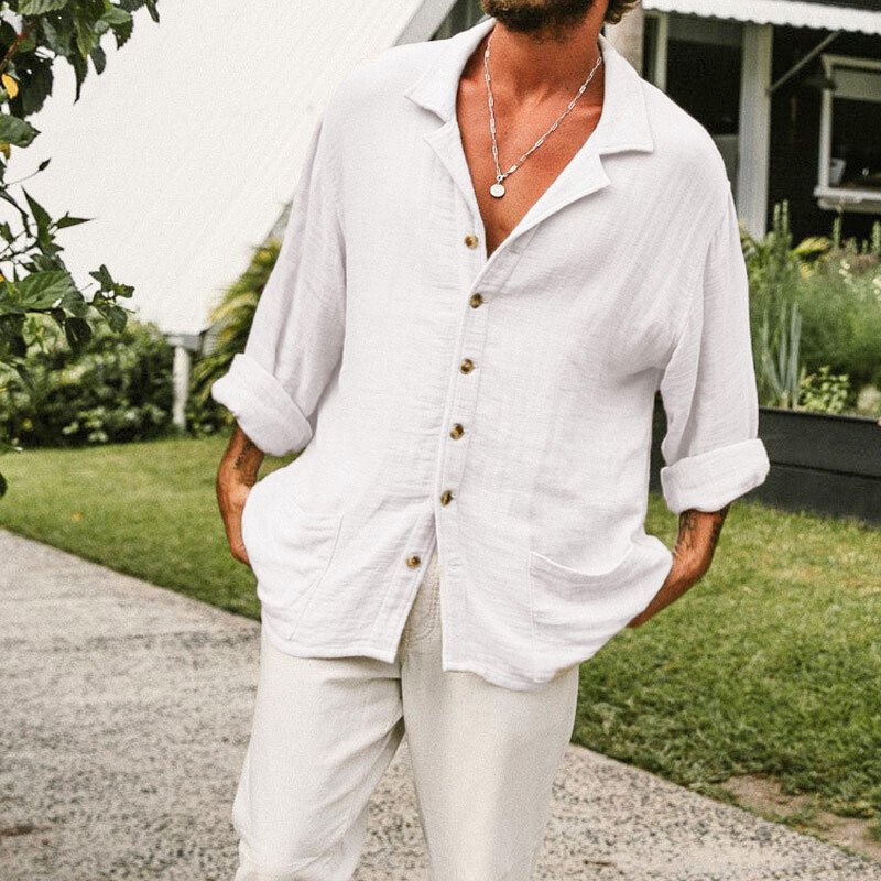 綿麻オープンカラーシャツ（ホワイト）｜白パンツに合わせた爽やかコーデ