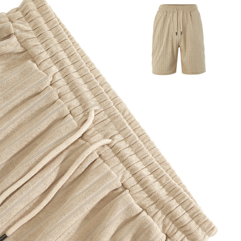 縦リブショートパンツ｜ベージュのウエストゴムと紐ディテール