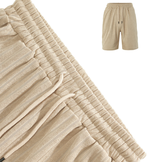 縦リブショートパンツ｜ベージュのウエストゴムと紐ディテール