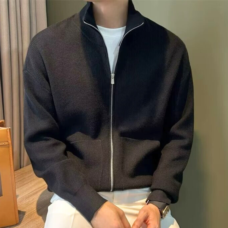 スタンドカラーニットカーディガン ブラック きれいめコーデ メンズ