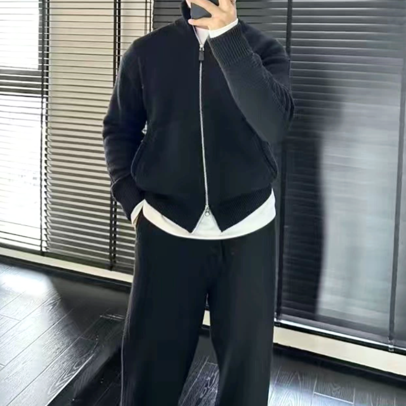 メンズ ブラック ニットカーディガン スタンドカラー 大人カジュアル