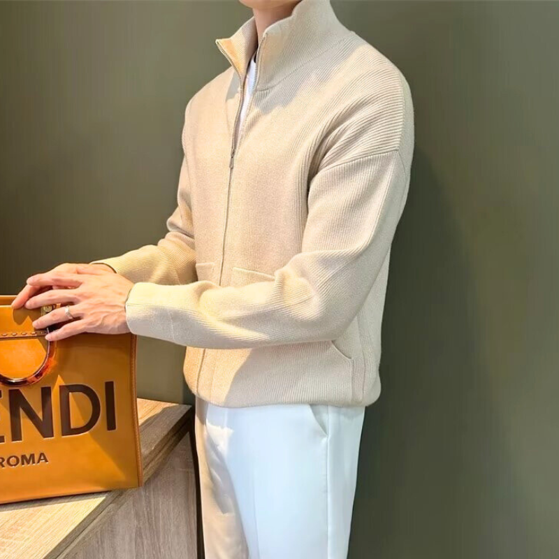 スタンドカラーニットカーディガン アイボリー 横姿 メンズ