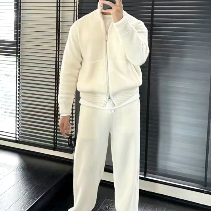 スタンドカラーニットカーディガン メンズ ホワイト 秋冬コーデ