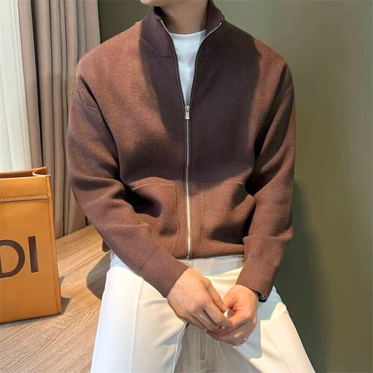 スタンドカラー ジップアップニットカーディガン ブラウン 正面 メンズ