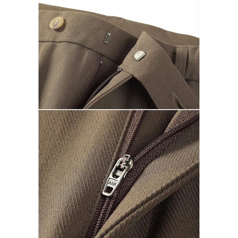 スラックスのフロントディテール ウエスト・ジップ部分の質感