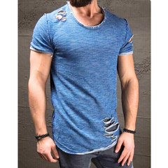 ダメージ加工スラブTシャツ メンズ｜ブルーの着用イメージ