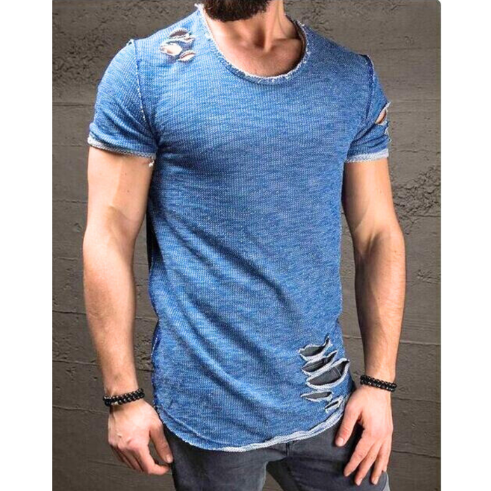 ダメージ加工スラブTシャツ メンズ｜ブルーの着用イメージ