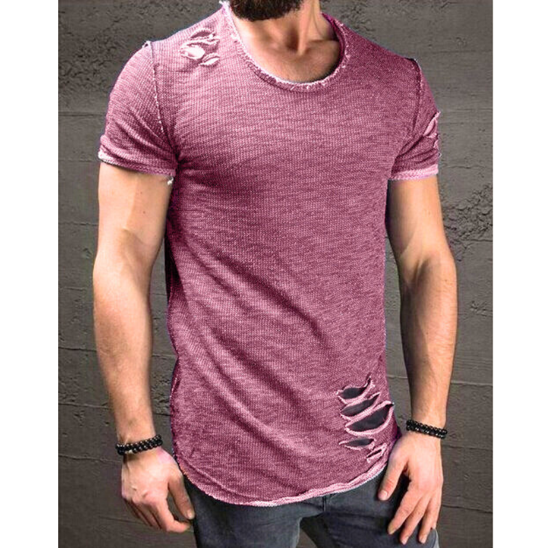 ダメージ加工スラブTシャツ メンズ｜ワインレッドの着用イメージ