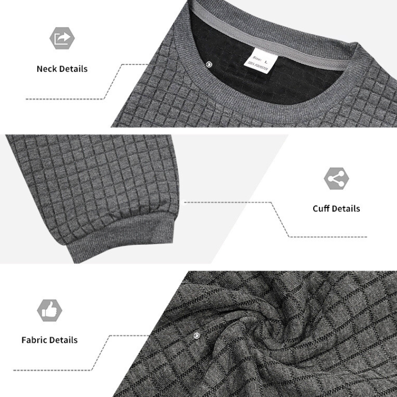 グレーワッフルスウェットの首元・袖口・生地ディテール｜上品な風合いの立体素材