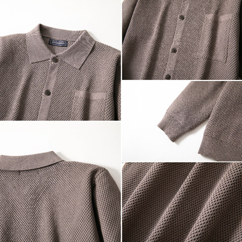 襟付きワッフル編みニットカーディガン グレー 襟ディテール