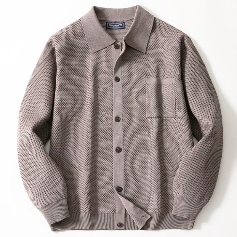 襟付きワッフル編みニットカーディガン グレー 平置き