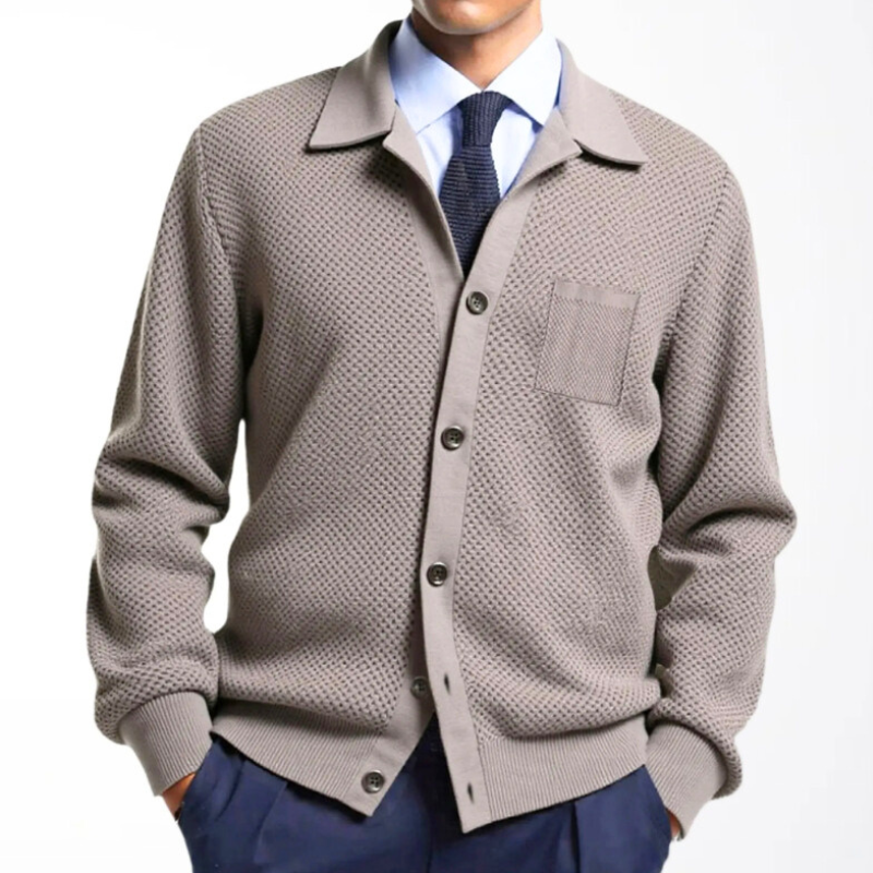 襟付きワッフル編みニットカーディガン グレー メンズ 着用イメージ