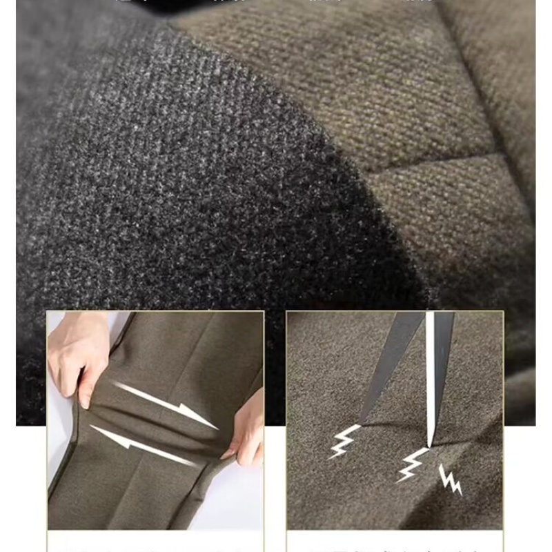 30代・40代メンズ向け秋冬ウール調テーパードパンツの生地アップと防風・伸縮性の機能ディテール