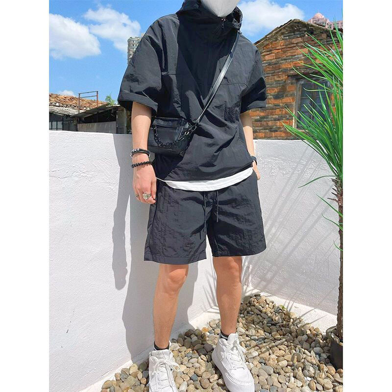 ナイロンセットアップ フード半袖×ハーフパンツ メンズ